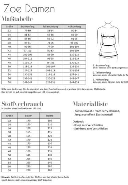 Stoffverbrauch und Maßtabelle Fadenkäfer Papierschnittmuster Strickjacke/Bolero Zoe